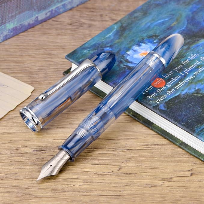 Asvine V800 Fountain Pen – Vacuum Filling System with Large Ink Capacity – Smooth Number 8 Extra Fine Nib with Gift Case and Wrench – Blue Brown