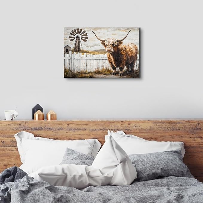 Retro Highland Cow Wall Art for Living Room Country Barn Pictures Wall Decor Fall Windmill Scenery Canvas Painting Western Decor Wildlife Poster Prints Artwork Farmhouse Kitchen Decorations 16x24"