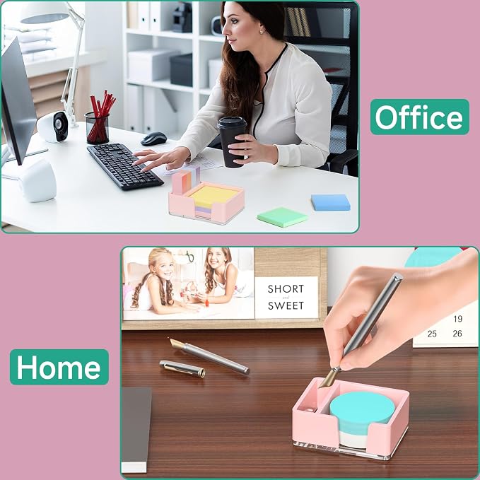 Sticky Note Holder with Pen Slot, Pink Acrylic Notepad Holder 3x3 in Self-Stick Note Dispenser Office Desk Accessories, Memo Pad Holder Organizer for Classroom School Supplies