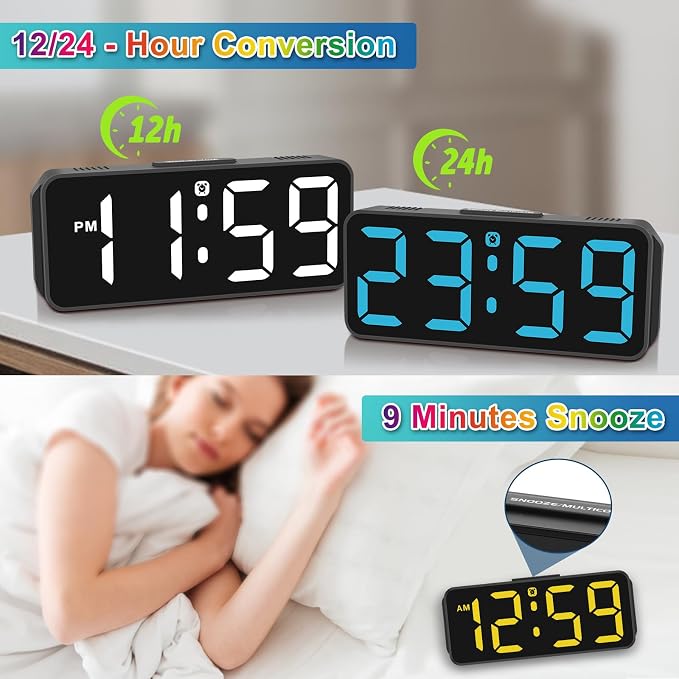 Peakeep Small Cute Digital Alarm Clock Plug-in for Kids Bedrooms Bedside | RGB Colorful Changing Large Display Full Screen, Dimmable 6 Brightness, Corded Electric Battery Backup (Black - RGB)