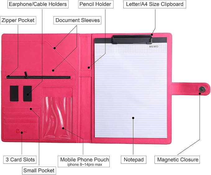 12.8 * 9.6 inch Portfolio Case Business Padfolio, Smart Phone is Usable in Document Organizer, Conference File Folder with A4/Letter Size Clipboard and Notepad - Hot Pink