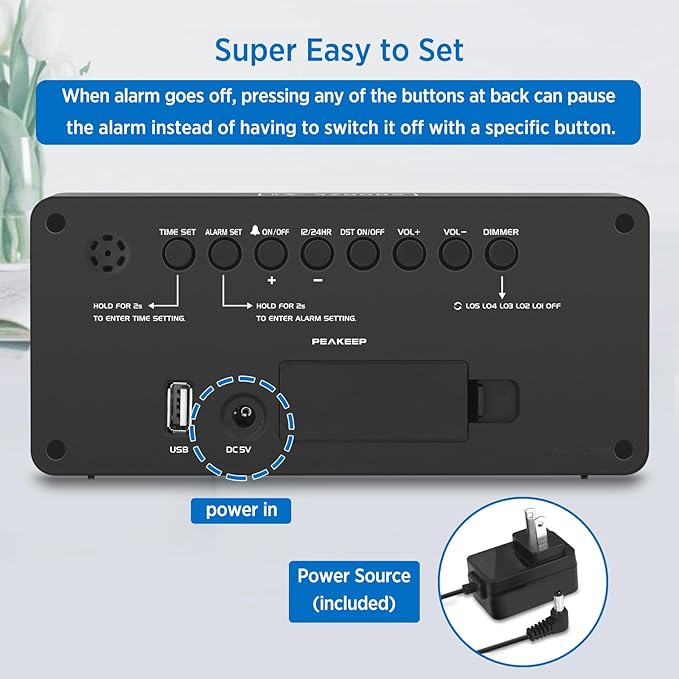 Peakeep Digital Alarm Clock for Bedrooms Bedside, Loud for Heavy Sleepers | Large Big LED Numbers Dimmable for Seniors, Battery Backup Plug in Electric Clock with USB Charger