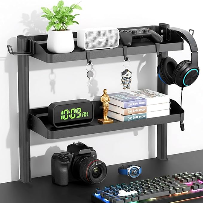 Clamp on Desk Shelf, 17in 2-Tier Office Desk Shelves Organizer, Small Shelf for Top of Desk with Headphone Holder and Hooks, Desktop Storage Rack for Home Workspace, Study Rooms, Gaming Accessories