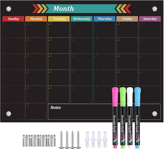 Glass Dry Erase Whiteboard, Color Monthly Calendar Whiteboard, 12" x 16",Frameless Glass White Board for Home, School, Office, Black Surface(Boli-Color-3040)