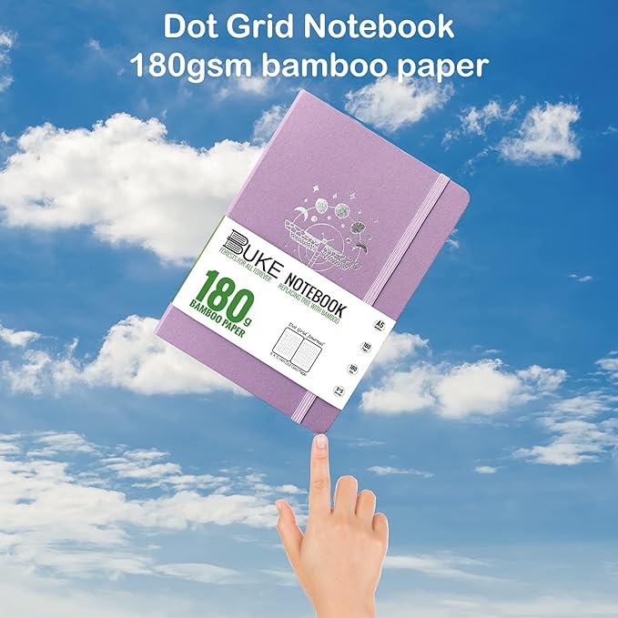 BUKE Dot Grid Notebook Dotted Journal,180Gsm Bamboo White Paper, 5 * 5MM Dots 160 Pages, Lay Flat Binding,Colored Silver Edges, Bookmarks and Expandable Back Pocket