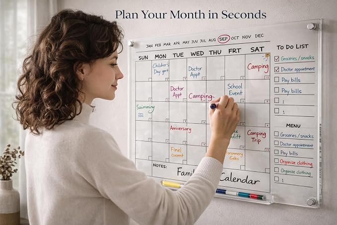 Acrylic Wall Calendar – Medium Clear Dry Erase Wall Calendar 24x18 – Acrylic Monthly Wall Planner for Home, Office & Family – Reusable Transparent Wall Calendar with Markers