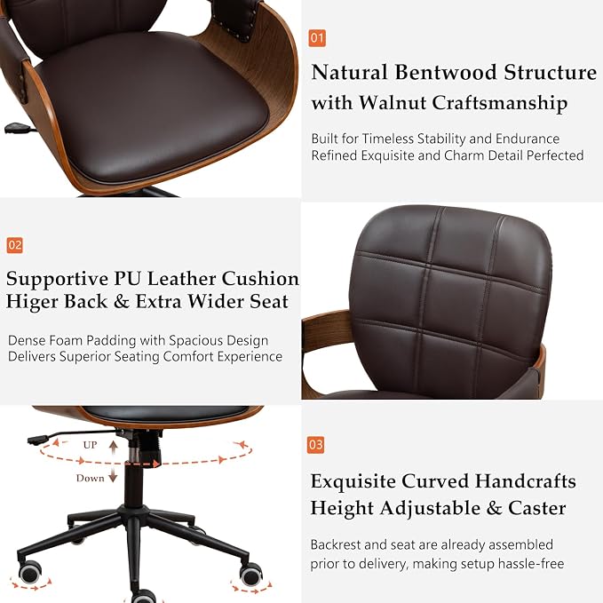 Desk Chair for Small Office, Mid Century Modern Desk Chair, Walnut Finish | Ergonomic Curved Back, Bentwood Frame, Rocking Function & 360° Swivel, Height Adjustable 19"-23", Support Up to 350 lbs