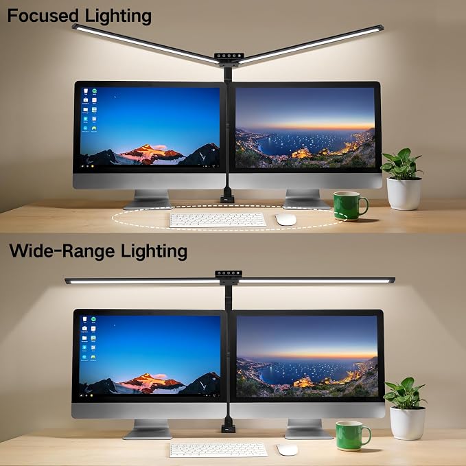 OUTON 29.5" LED Desk Lamp with Clamp for Home Office, 24W Eye-Caring Architect Desk Lamp for Dual Monitors, USB-C & USB-A Ports, Remote & Touch Control, 5 Color Temperatures, Stepless Dimming