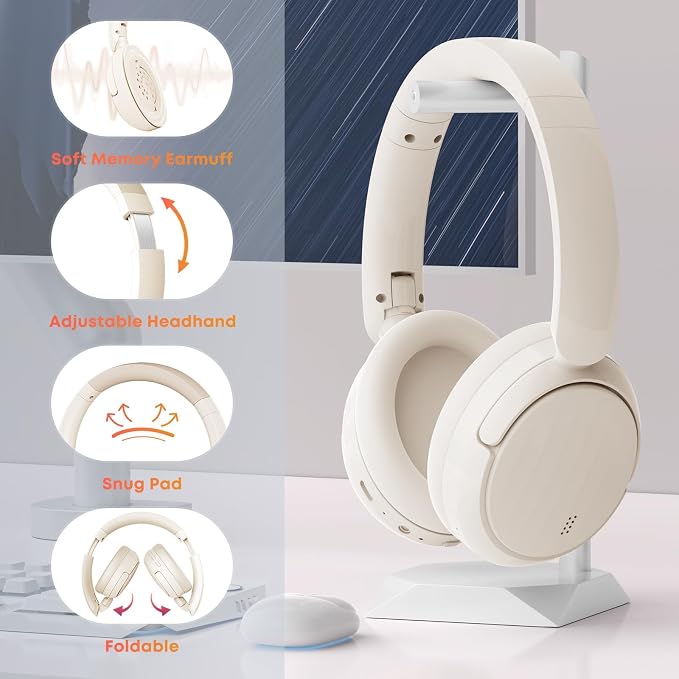 Bluetooth Headphones with Active Noise Cancelling (ANC), Wireless Over Ear Bluetooth Headsets with 35H Playtime, HiFi Stereo Foldable Headphones with Foam Ear Cups for Sports, Travel, White