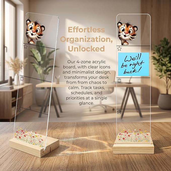 Sticky Note Holder, Monitor Memo Board, Acrylic Post It Note Holder with Wooden Base, Includes 200 Notes, Desk Organizer for Office, Cute Tiger Design