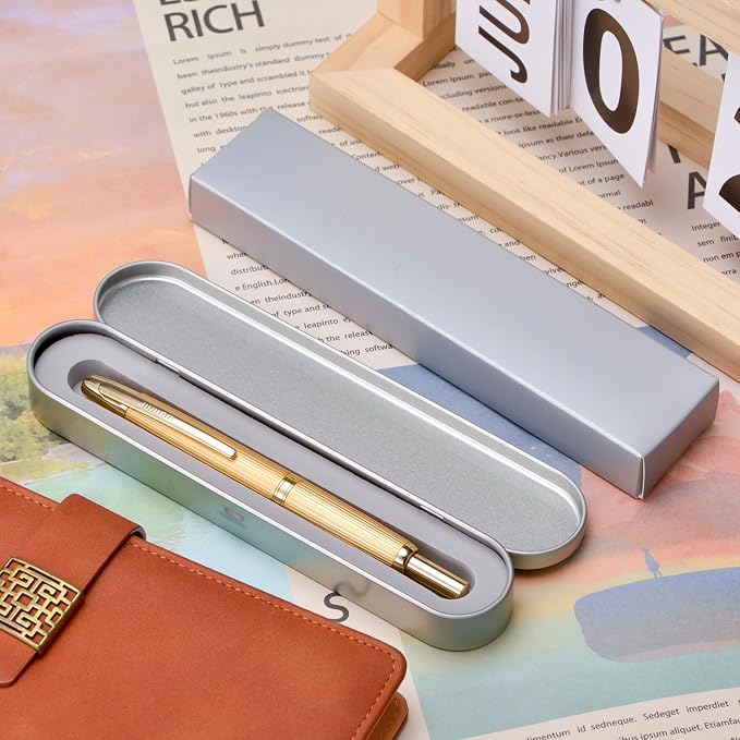 Jinhao 10 Press Fountain Pen with Box, Brushed Matt Gold Retractable Fine Nib with Converter Set (Golden Clip)