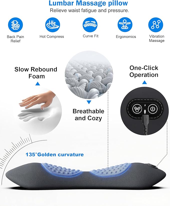 3 in 1 Electric Lumbar Support Pillow -Lower Back Massager with Heat & Vibration,Air Lift Technology,Ergonomic Memory Foam Back Massager for Pain Relief Deep Tissue