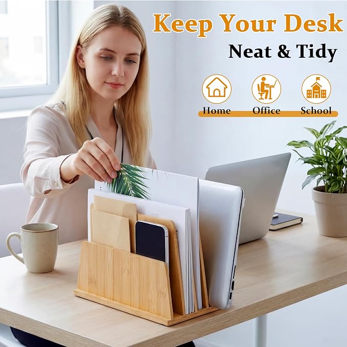 Unittype Bamboo Multi Device Organizer, 5 Slots Vertical Laptop Storage Rack, Computer Charging Station for Smartphones, Tablets and Laptops, Space Saving Organizer for Home Office