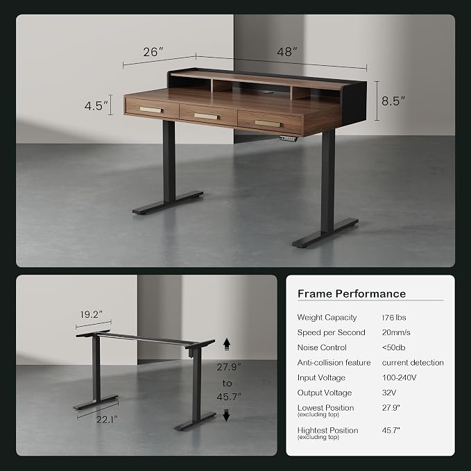 ModernMate 48" Electric Standing Desk with 3 Drawers & Monitor Shelf | Height Adjustable Sit Stand Desk, Home Office Computer Workstation with Storage for Small Space, Black Walnut