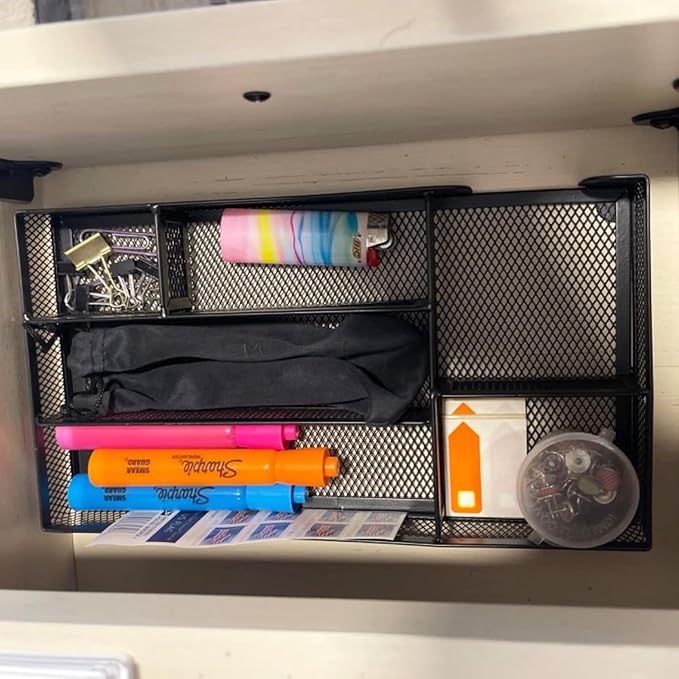 Desk Drawer Organizer Tray, Small Metal Mesh Desk Organizer Tray with 6 Compartments, Office Pencil Drawer Organizer Accessories for Stationery, Desktop, Bathroom, Kitchen, Makeup, Vanity, School