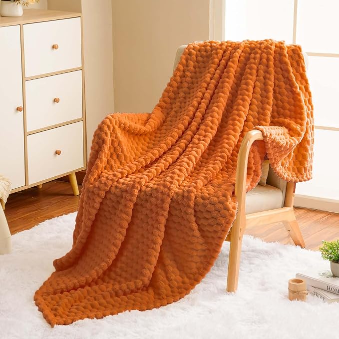 Vessia Flannel Fleece Throw Blanket(50x70 inch), 3D Jacquard Burnt Orange Fuzzy and Warm Blanket for Couch,Sofa,Bed,Chair, 300GSM Super Soft Touch Cozy Lightweight Throw for All-Season Home Decor