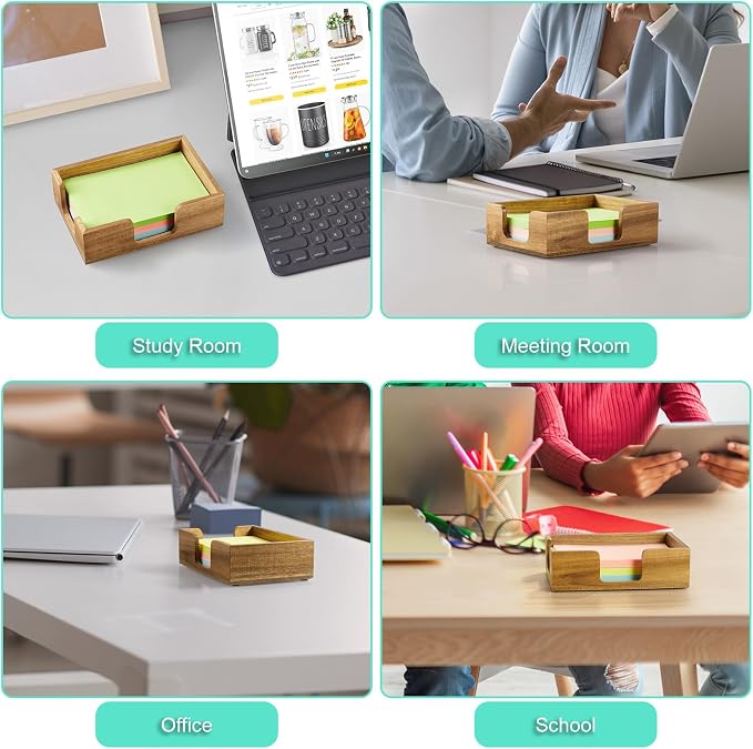 Bivvclaz Acacia Wood Sticky Note Holder, 4 x 6 Inch Notepad Holder Dispenser with Dual Openings, Self Stick Note Pad Holder, Memo Pad Holder Dispenser Organizer for School Office Desk Supplies