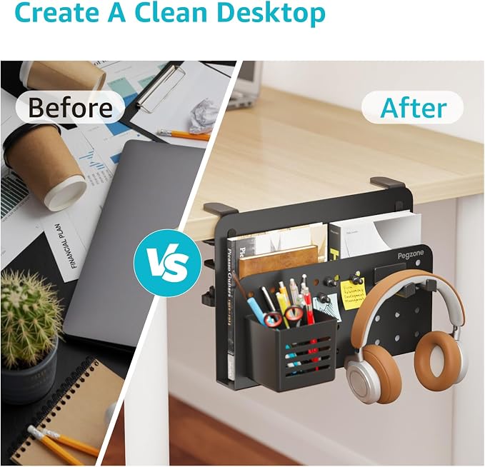 PEGZONE Desk Side Storage Organizer, Fits Flat Edge 0.4" to 2.2", Black | No Drill Under Desk Laptop Holder, Clamp on Desks Shelf with Pegboard Accessories, Hanging Laptop Mount