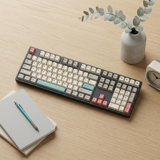 Retro 9009 Keycaps 148 Keys, Beige Grey PBT Dye-Sub Keycap Set with Pink Accents Cherry Profile for 61/64/68/84/87/100/104/108 Mechanical Keyboard Cherry Mx Switches