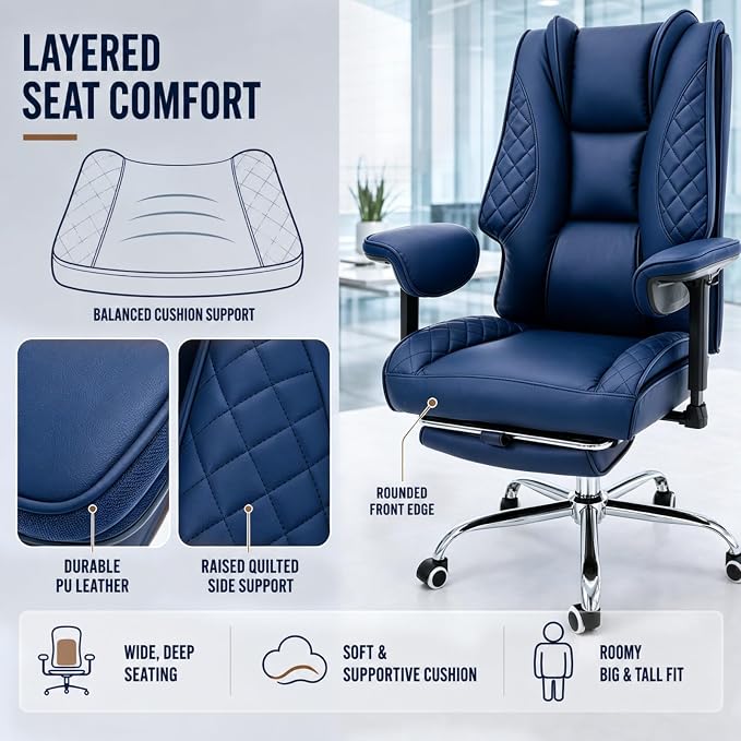 Big and Tall Office Chair，Heavy Duty Wide Executive Office Chair (Blue) | Breathable Leather，Double-layered Backrest，Seat Cushion Designed of Deluxe Embroidery Leather，Foot Rest, Adjustable Armrests