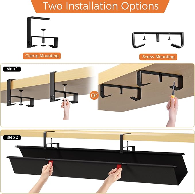Under Desk Cable Management Tray, 48" Fabric Wire Cord Organizer, Black | No Drill Under Table Wire Organizer with 16X Cable Ties for Office/Home, Cord Hider Fit Adapters & Sockets, Clamp/Screw Mount