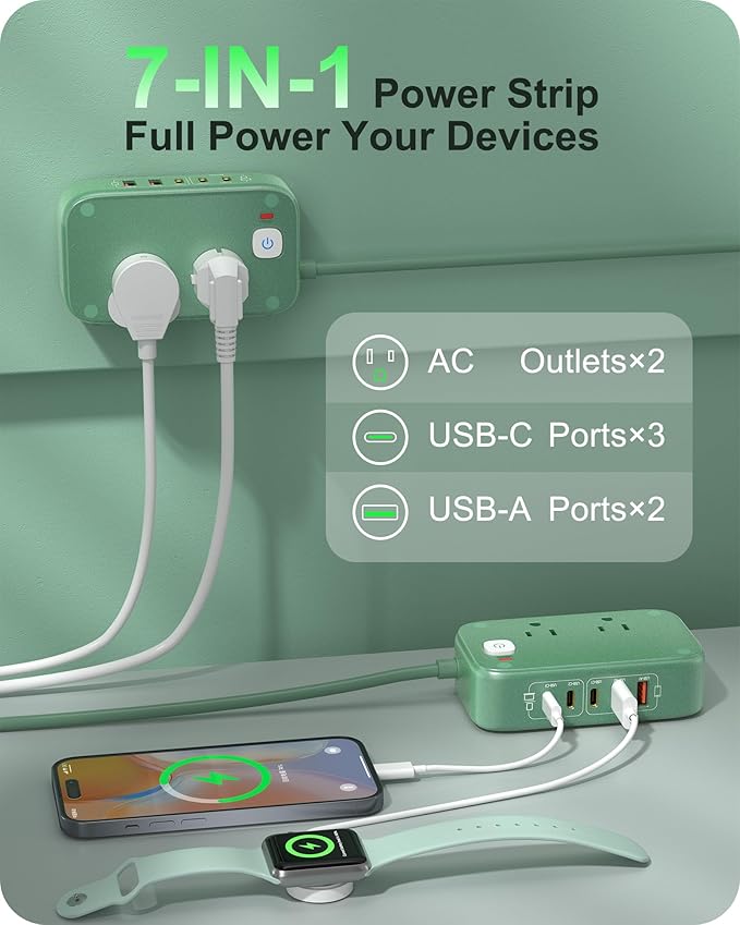 7-IN-1 Power Strip, 85W PD USB C Power Strip, Desktop Charging Station Outlet Extender with 2 AC Outlets, 3 USB-C and 2 USB-A Ports for Laptop/Phone and More