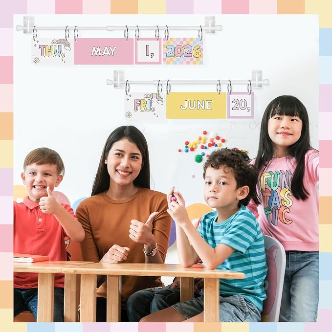 Pastel Rainbow Flip Calendar Bulletin Board Set 54 Date Cards for Teacher Classroom Years 2026-2028 Rainbow Flip Calendar with Adjustable Holder and O-Rings for Back to School Supplies