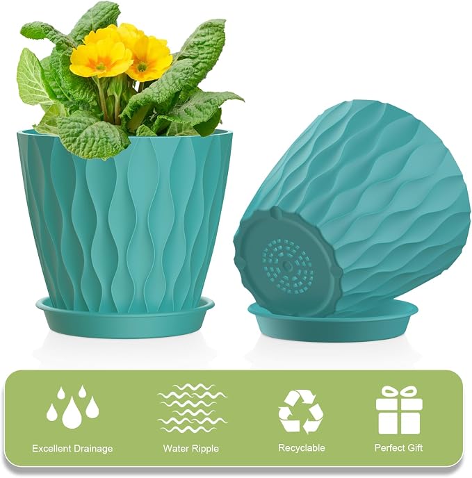 UOUZ 6 Pack 4 Inch Small Plant Pots with Saucers, Waffle Texture Plastic Planters with Drainage Holes for Indoor and Outdoor Plants, Flowers, Herbs, Succulents, and Seedlings, Blue