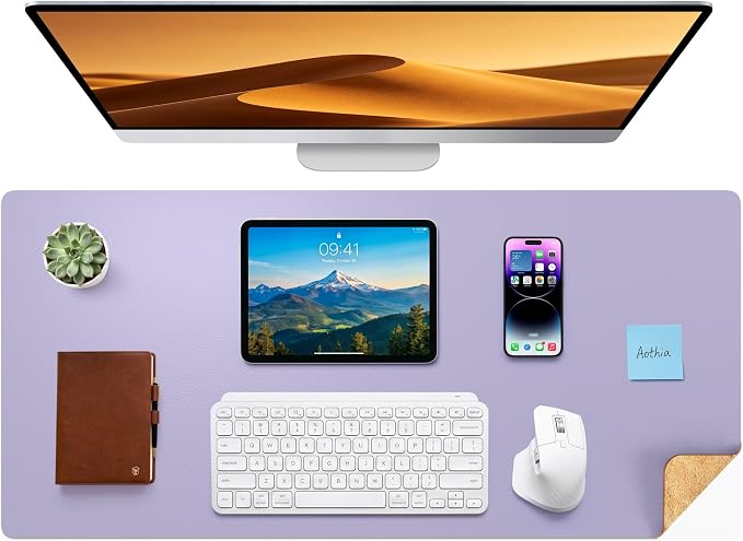 Aothia Dual-Sided Desk Mat, FSC Cork & PU Leather Desk Pad, Large Mouse Pad & Writing Surface for Multi-Device Workspace, Non-Slip Waterproof Desk Protector - 37.8" x 17", Light Purple