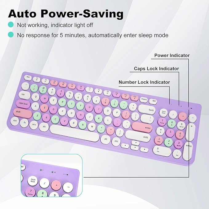 Wireless Keyboard and Mouse Combo, Retro Typewriter Keyboard with Round Keycaps, 2.4GHz USB Cute Wireless Keyboard Mouse for Computer, Desktop, Laptop (Purple Colorful)