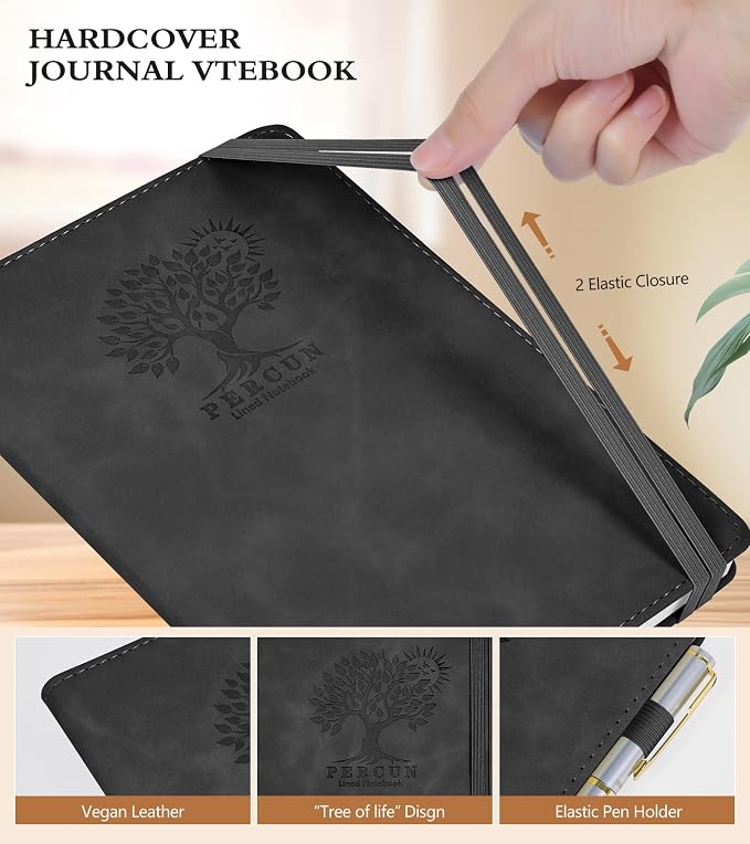 PERCUN Lined Journal Notebook for Men & Women,200 Pages A5 Hardcover Leather Notebook (5.9"x8.5"), Travel Journal for Work, School, Business Writing, Note Taking, Notepad Diary (Black)
