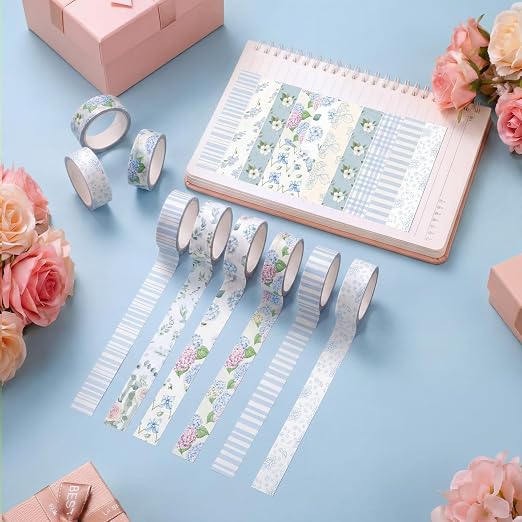 12 Rolls Watercolor Floral Washi Tape Set 15 mm Vintage Flower Decorative Masking Tape for Summer School Arts DIY Craft Scrapbook Journal Supplies Gifts(Light Blue,Hydrangea)