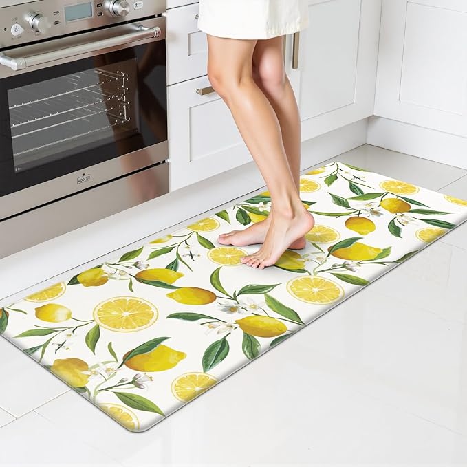 SHACOS Anti Fatigue Lemon Kitchen Rug Runner 17"x47" Kitchen Mats for Floor Non Slip Soft Cushioned Standing Mat Wipeable Waterproof Floor Mat, White