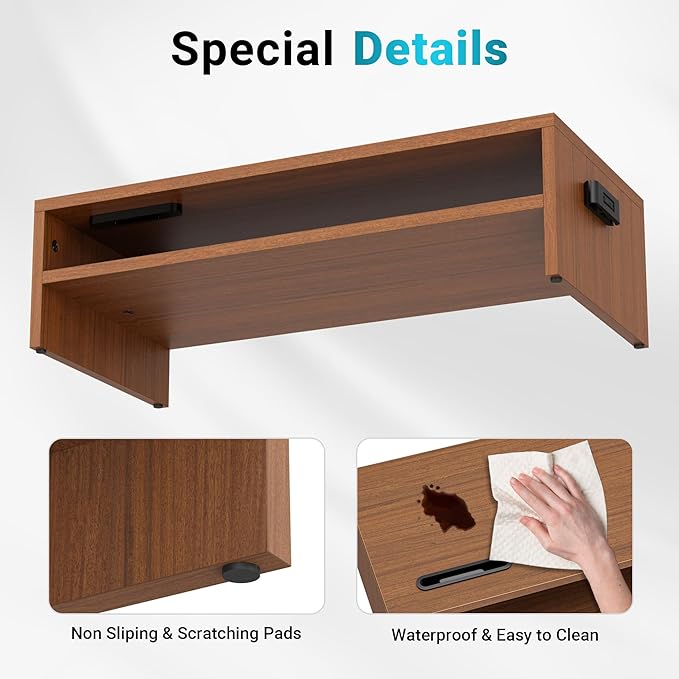 BONTEC Walnut Monitor Stand Riser, 21.3 Inch 2-Tier Wood Desk Shelf for Monitor & Laptop, Desktop Organizer with Cable Management and Phone Holder, Ergonomic Computer Riser, 66 lbs Capacity