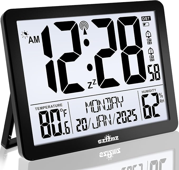 Atomic Digital Wall Clock Battery Operated with Backlight, Desk Clocks with Indoor Temperature & Humidity, 8.5" Small Alarm Clock with Date and Day of Week for Bedrooms, Living Room, Auto DST, Black