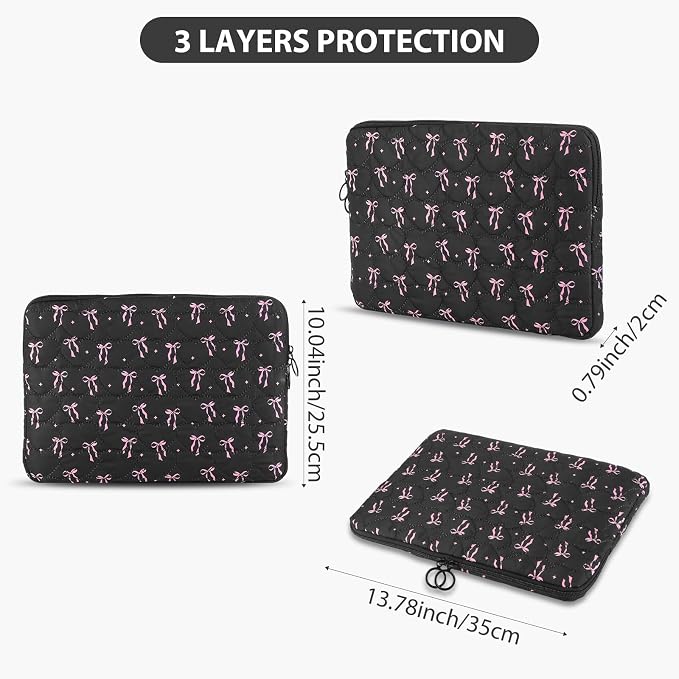 Cute Bow Puffy Laptop Sleeve 13-15 Inch Cute Quilted Laptop Protective Case Padded Bow Computer Sleeve for MacBook