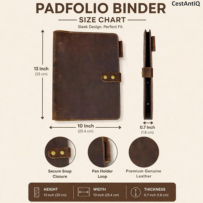 Premium Leather 3-Ring Binder Portfolio, 8.5x11 Inch Letter Size Organizer Folder, Refillable 3-Hole Paper BusinessBinder, Resume Folio for Men and Women (Brown)