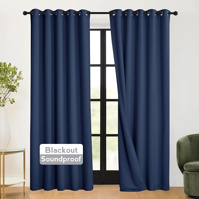 RYB HOME 3-in-1 Soundproof - Blackout - Energy Saving Room Divider Curtains, Extra Wide Window Curtains for Bedroom Living Room Loft Baby Nursery, Navy Blue, W 62 x L 84 inches, 2 Panels