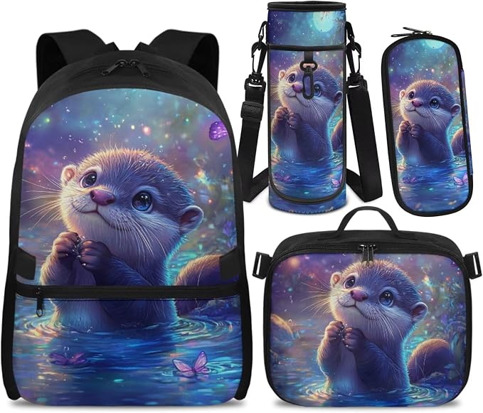 Doojoayie Girls School Backpacks Ages 6-8 8-10 Otter Bookbag with Lunch Box 17 inch Kindergarten Backapack Kids Back Pack 2025 New Back to School Bags for Elementary Children