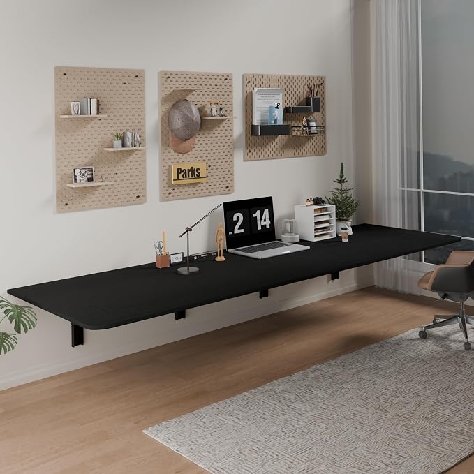 IAE 72" x 22" Floating Foldable Desk,Wall-Mounted Folding Computer Table with Engineered Wood,Study Table with Shelf Brackets,Fold Down Shelf,Fold Computer Desk for Small Apartment,Holds 500 lb,Black