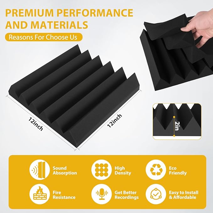 36 Pack Acoustic Foam Panels 2" x 12" x 12" Sound Proof Foam Panles Saiqiang Soundproofing Noise Absorbing Wedge Black Panels for Wall Studio Foams with Double-Side Adhesive