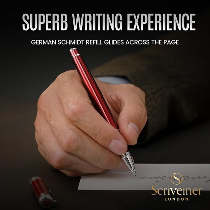 Scriveiner Deep Crimson Red Rollerball - Luxury Pen with Chrome Finish and Red Lacquer, Includes 4 Black Fine Rollerball Refills