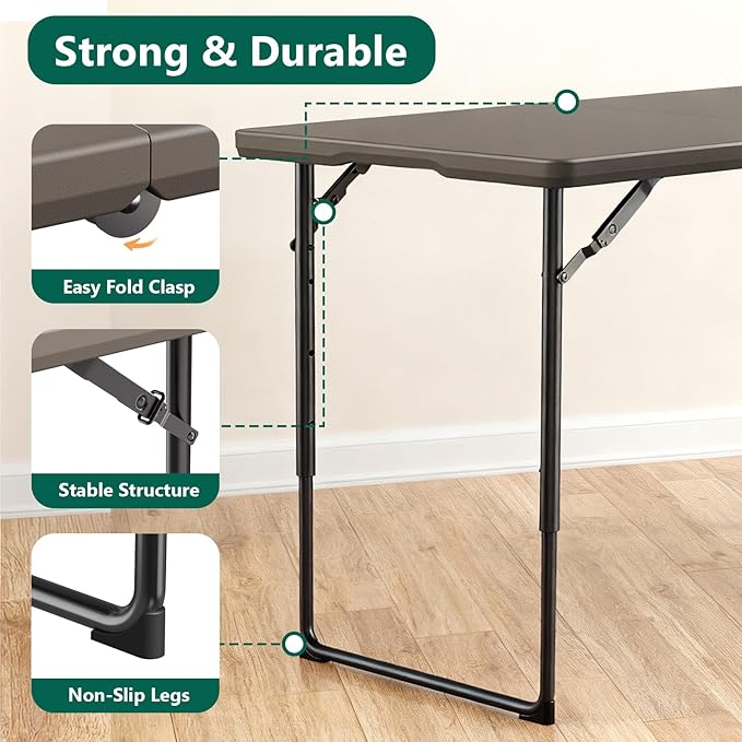2 Pack Folding Table, 4FT Foldable Picnic Table with Adjustable Height, Heavy Duty Fold-in-Half Portable Table for Weddings, Camping, RV Travel, Parties, BBQs, Easy to Fold and Store, Khaki