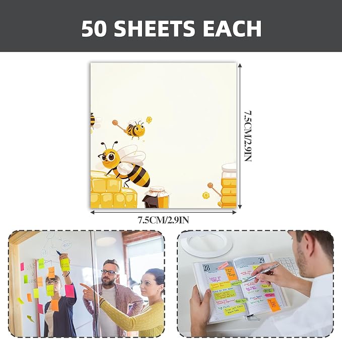 4-Pads 3x3 Sticky Notes, Bee Memo Pads with High-Adhesive, Animal Self-Stick Notes, Reusable & Tearable for Journal Planners Office School Home, Cute Stationery Gift - Bee Honey