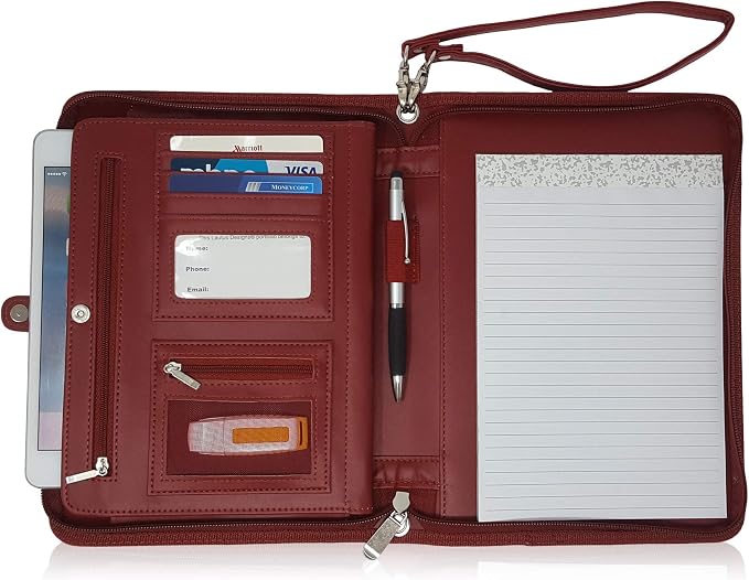 Zippered Portfolio Binder with Junior Legal 5x8 Notepad - Burgundy PU Faux Leather Business Padfolio Organizer Folder with 8 Inch Tablet Sleeve & Gift Box by Lautus Designs