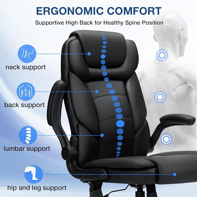 HOFFREE Executive Office Chair with Adjustable Lumbar Support,450lbs Heavy Duty Big & Tall PU Leather Ergonomic Desk Chair with Flip-up Armrests, Comfy Computer Chair for Home Office,Black