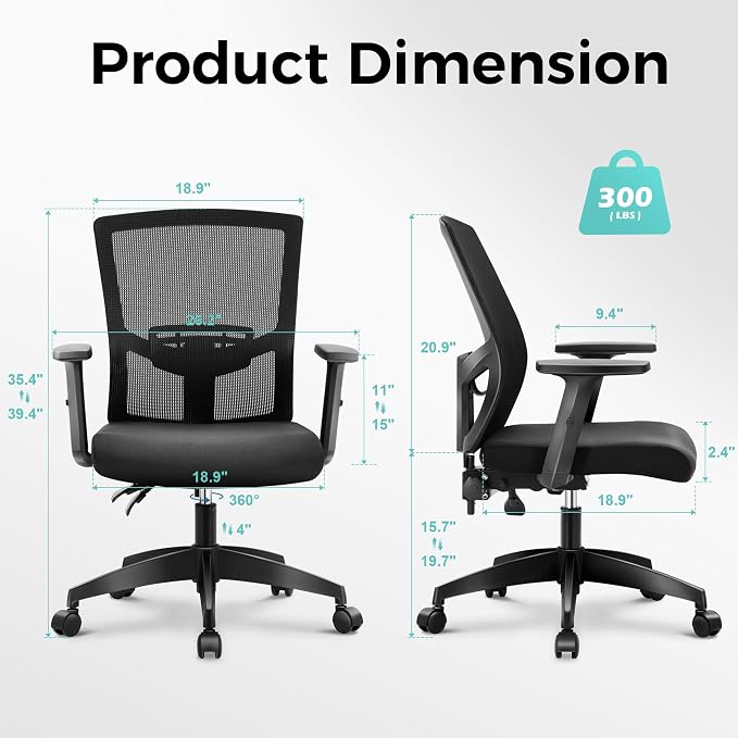 ALPHA HOME Office Chair Ergonomic, Mid Back Mesh Computer Chair, Black | Mid Back Desk Chair with Lumbar Support Executive Stool with Adjustable Armrest & Seat Cushion, BIFMA & SGS Certified