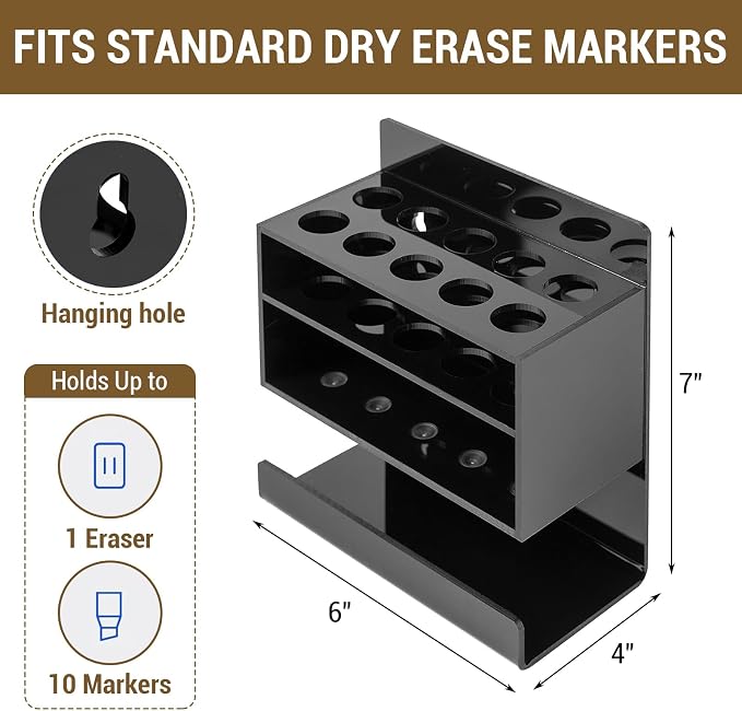 MyGift Dry Erase Marker Holder 10 Slots Whiteboard Marker Holder for Wall Dry Erase Eraser Holder Wall Mount Black