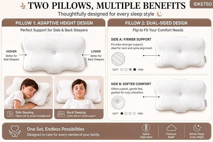 2 Pack Memory Foam Pillows, Kids Cervical Pillow for Neck Support, Ergonomic Memory Foam Pillow Set, Washable Contour Kids Pillow for Siblings Daycare and Sleeping, Ages 3-12 Years Old