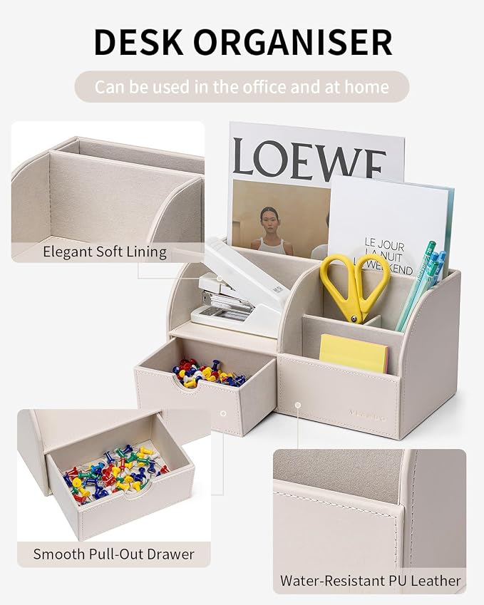 VLANDO PU Leather Desk Organizer with Drawer,6 Compartments | Office Supplies for Women,Desktop Storage for Pens, Notes, Makeup Brushes Vanity Essentials,Cream White